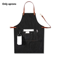 work bartender leather strap removable barista chef bib apron multi pocket casual denim uniform adjustable baker bbq