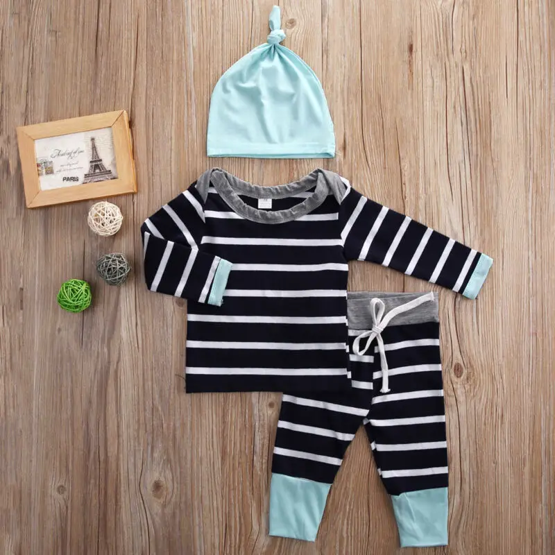 

Free shipping 3PCS Newborn Kid Baby Boy Girl Striped T-shirt Tops Pants Hat Clothes Outfit Set