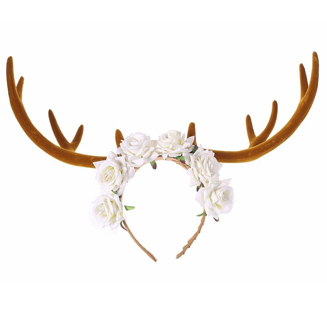 

Women Girls Christmas Fairy Tale Flower Headband Deer Ears Antler Hair Hoop Crown Festival Party Props 23cm Big Antler Headband