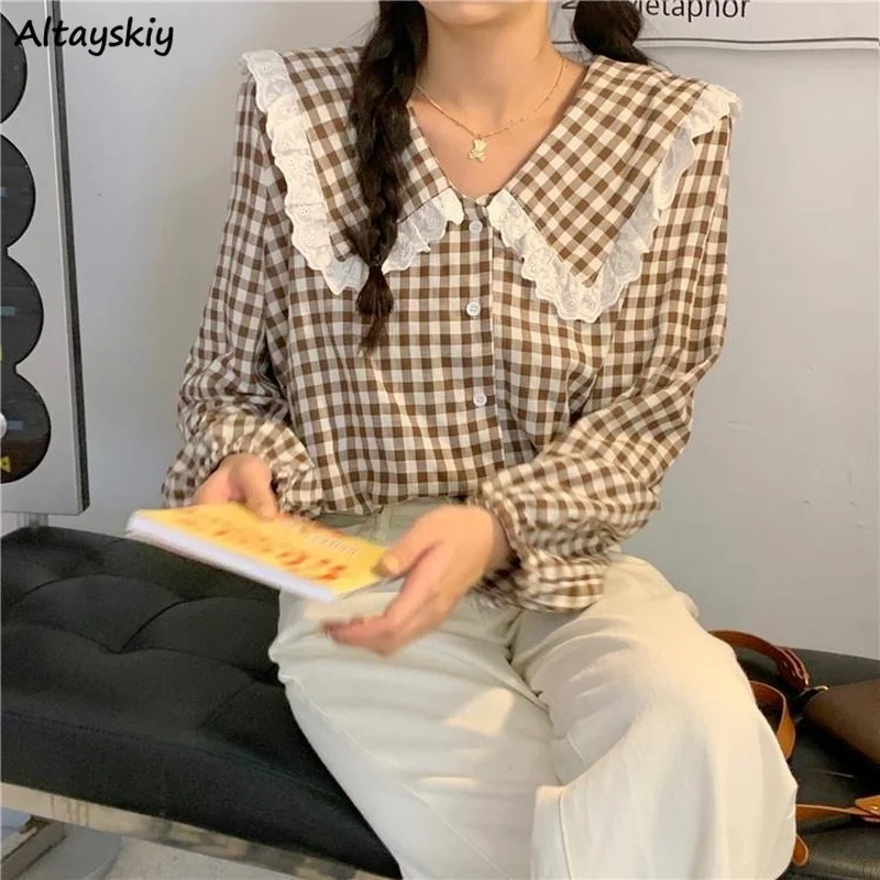 

Women Plaid Shirts Peter Pan Collar Students Casual Long Sleeve Button-up Preppy Vintage All-match Loose Korean College Chic New