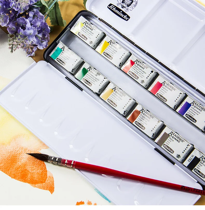 Tanie Niemiecki Schmincke Stałe Farby Akwarelowe 10/12/24 Zestaw Kolorów Akademia Klasy Pół Patelnie żelazne Pudełko Pełne Blok Sztuki Pigmenty Dostaw