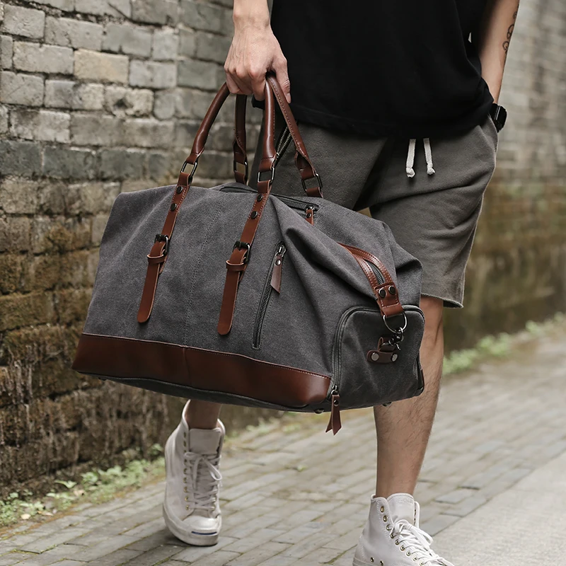 Canvas Leather Men Large Capacity Travel Bag Luggage Travel Duffle Bags Canvas Weekend Shoulder Bags Multifunction Vintage