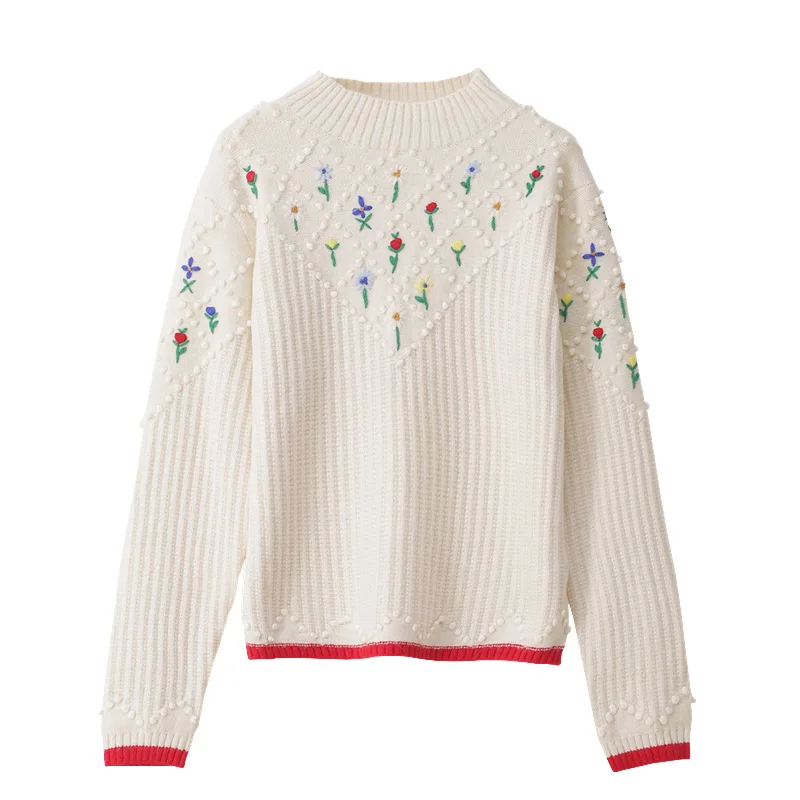 

2020 Atumn Luxury Vintage Flowers Embroidery Knitted Sweater Pullovers Women O-Neck Patchwork Jumper Lady Femal High Quality