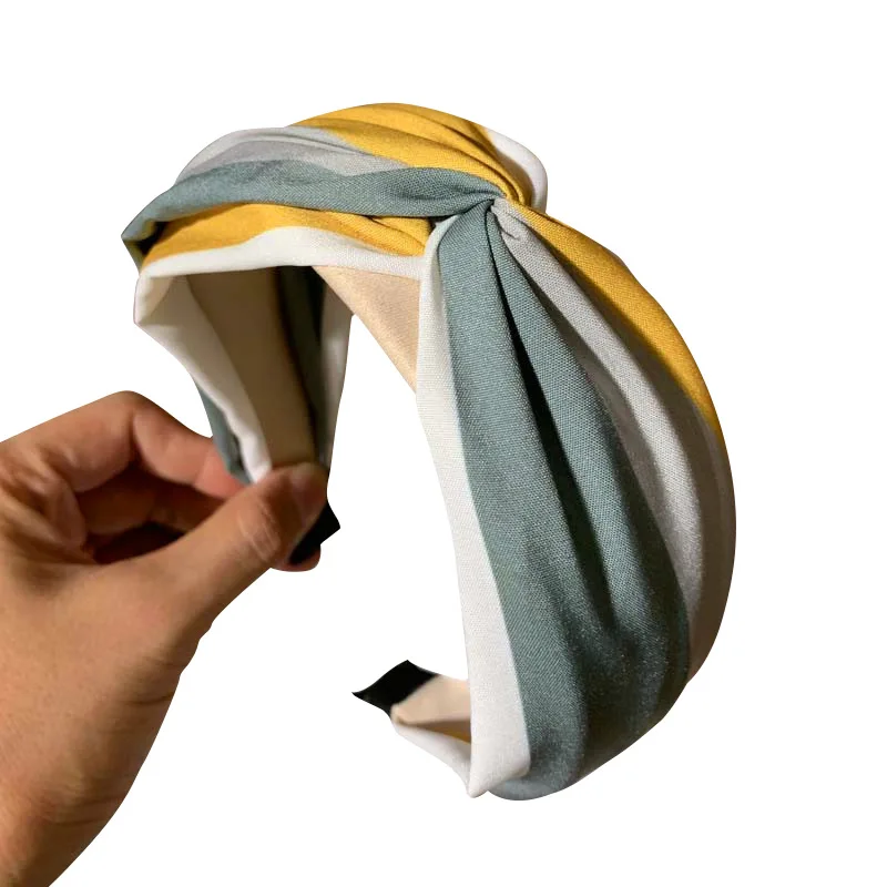 

2021 Summer Solid Color Fabric Top Kink Rainbow Headband Women Wide-Brimmed Stripe Hairbands Bezel Girls Hair Accessories