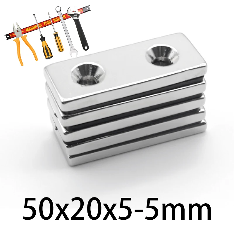 

Неодимовые магниты 2-50 шт., 50x20x5 мм, 2 потайных отверстия 5 мм, редкоземельные магниты 50*20*5-5 мм N35, сверхпрочные блочные кубики