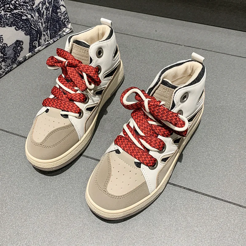 

2021 Autumn and Winter New Women's Casual Shoes High-top Plus Velvet Warm Women's Shoes Korean Fashion Color-blocking Flat Shoes