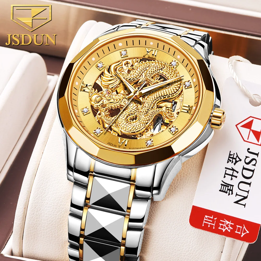 

JSDUN 2021 Luxury Men's Automatic Watch Gold Hollow Mechanical Watch Stainless Steel Waterproof Watch Relogio Masculino 8840