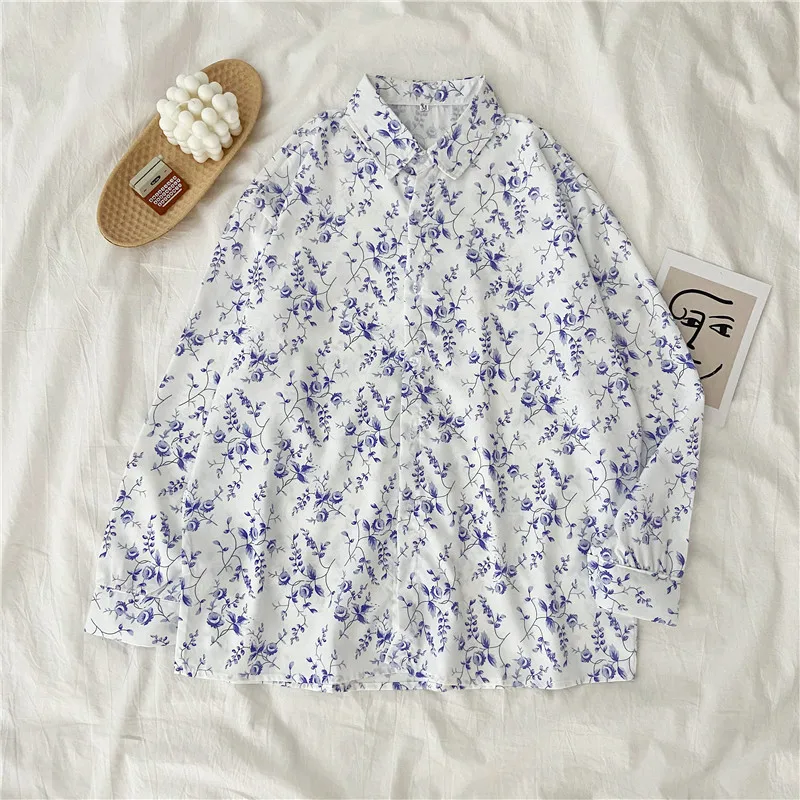 

EBAIHUI Flower Print Shirts Womens Tops and Blouses Long Sleeve Spring Ladies Loose Boyfriend Style Vintage Elegant Shirt