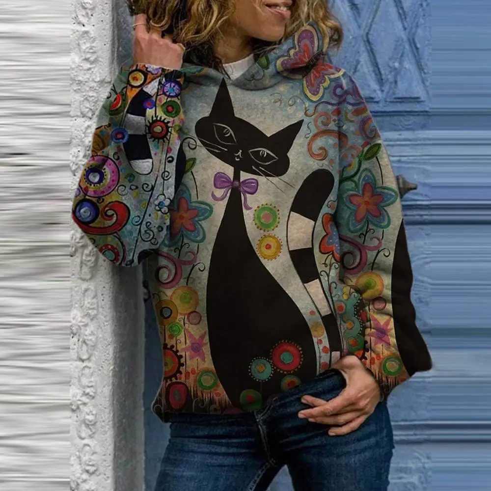 

Cartoon Printed Women Hoodie Animal Printing Long Sleeves Pullover Sweatshirt Tops Pullover Vintage Harajuku Hoodies Moletom