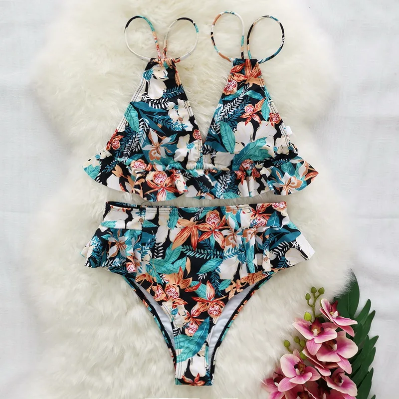 

Sexy High Waist Ruffle Bikini Set Swimwear Women Lady Floral Female Push Up Swimsuit 2021 Summer Beach Wear Bahting Suit Biquini