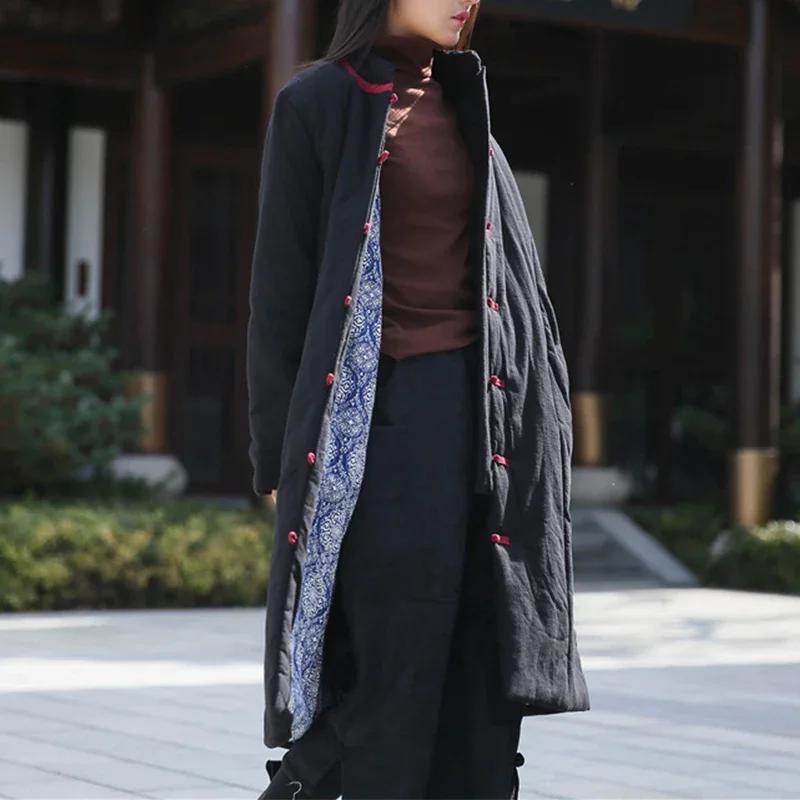 

2021 Winter New Women Vintage Warm Parkas Button Long Coats Stand Long Sleeve Pockets Cotton Linen Female Parkas