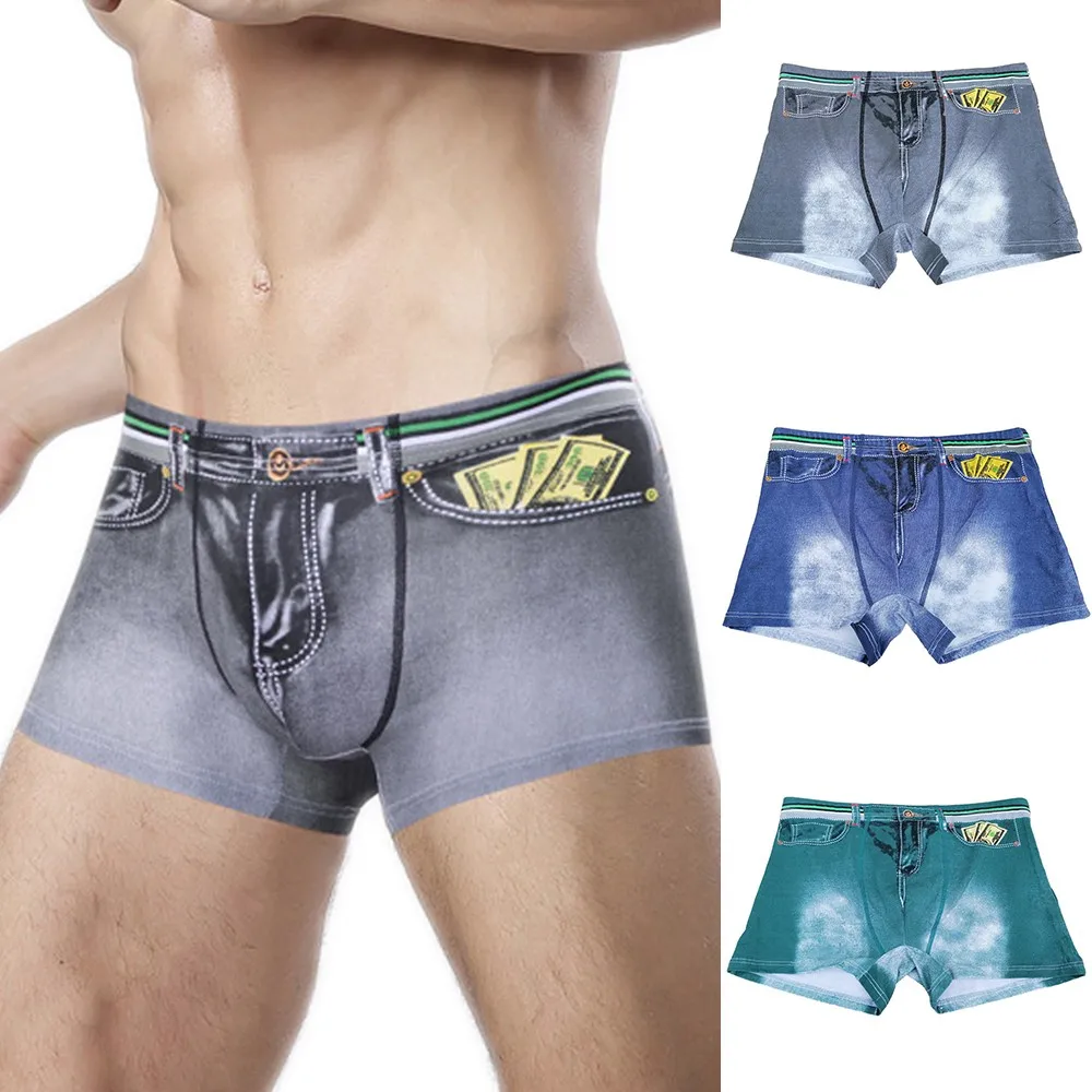 

Men Denim Underwear Cotton Boxers Sexy Printed Mid-Waist Fashion Boxers Male Bottom Shorts Pant Comfy Lingerie Comfy Panties New