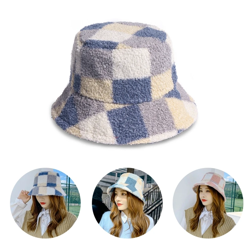 

Unisex Winter Warm Fuzzy Plush Bucket Hat Color Block Plaid Print Fisherman Cap F3MD