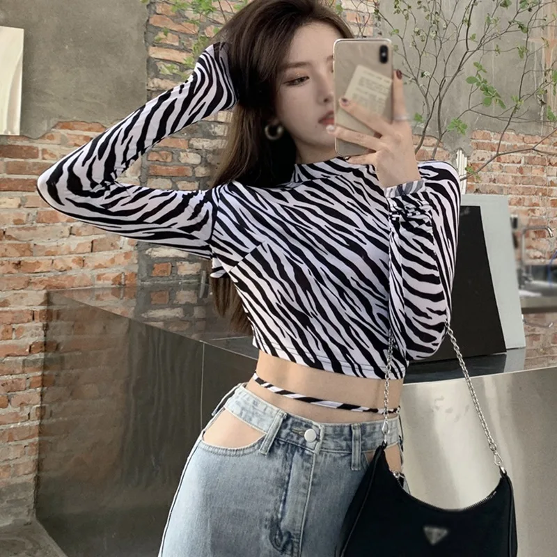 

Liva Girl Women's T Shirts Korean Zebra Print Tshirt Sexy Slim-Fit Strapless Long-Sleeved Camiseta Top Vetements Femmes Autumn