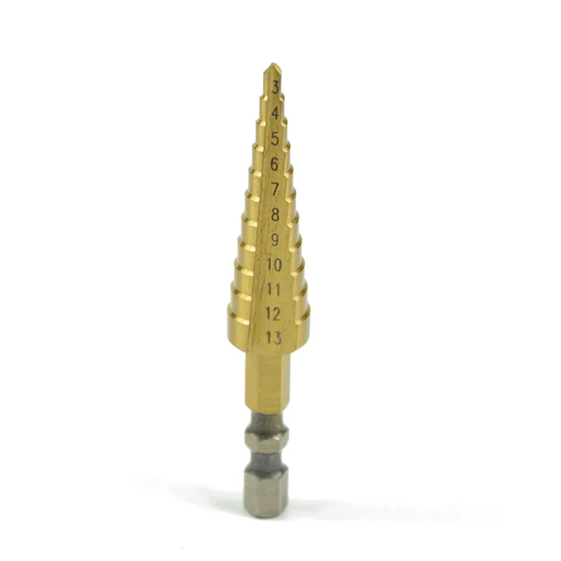 

Hss Titanium Spiral Step Cone Drill Bit 3-13mm 1/4'' Hex Shank Step Cone Woodworking Metal Drilling Hole Drill Bit