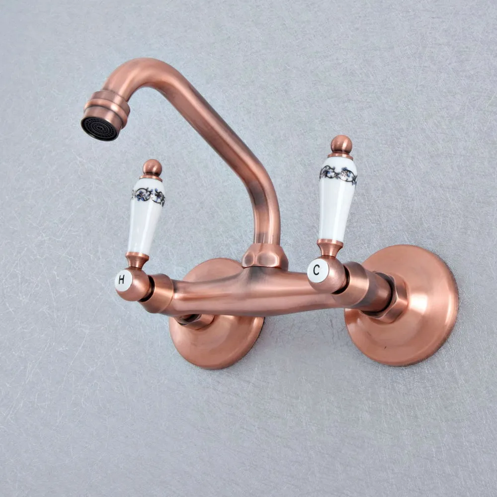 

Antique Red Copper Brass Wall Mounted Kitchen Wet Bar Bathroom Sink Faucet Swivel Spout Mixer Tap Dual Ceramic Handles asf869