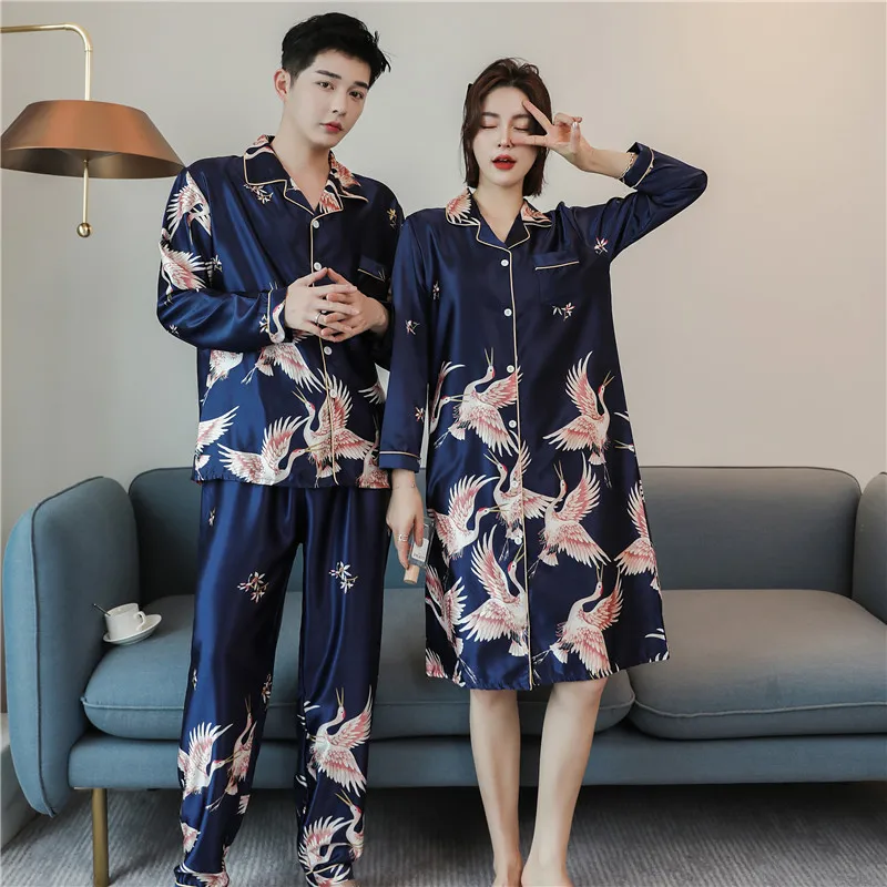 CAIYIER Large Size Winter Lovers Pajamas Set Silk Soft Couple Sleepwear Long Sleeve Men & Women Nightgown Home Clothing M-4XL