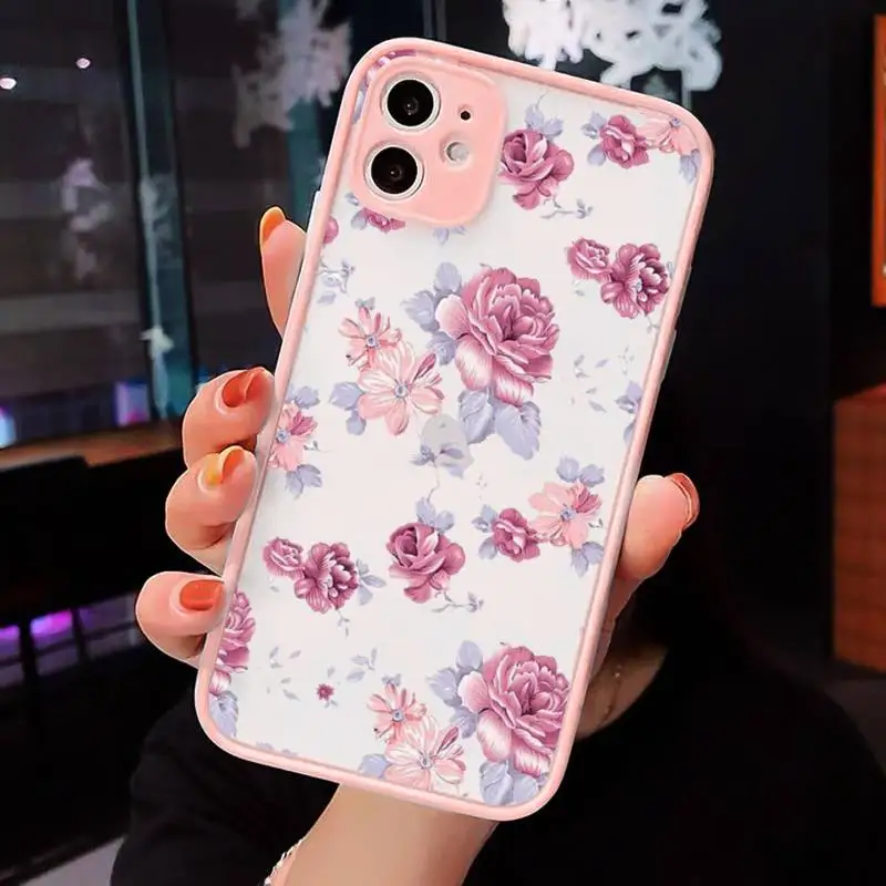 

Flowers Phone Case For iPhone 12 11 Mini Pro XR XS Max 7 8 Plus X Matte transparent Pink Back Cover