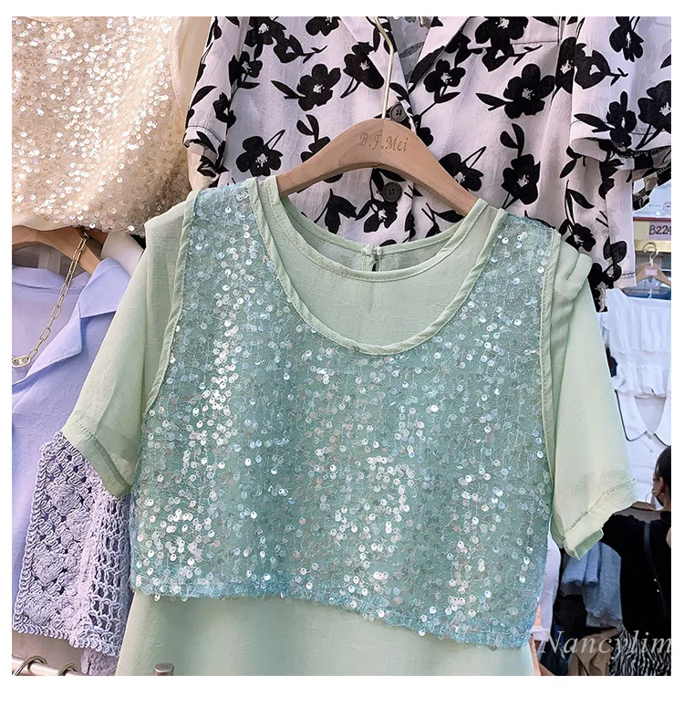 Pull en mousseline de soie à manches courtes pour femmes, gilet brodé à paillettes, haut d'extérieur, deux pièces, été, 2021