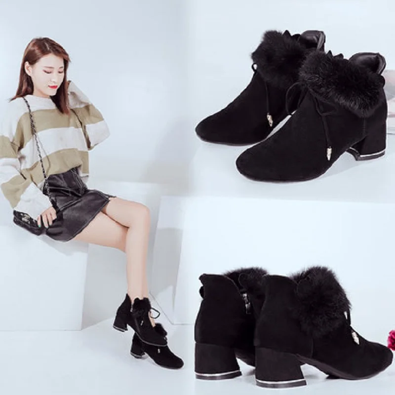 

Fall 2019 new women's fashion short boots wild comfortable suede lace-up side zip mid-heel thick non-slip women's boots