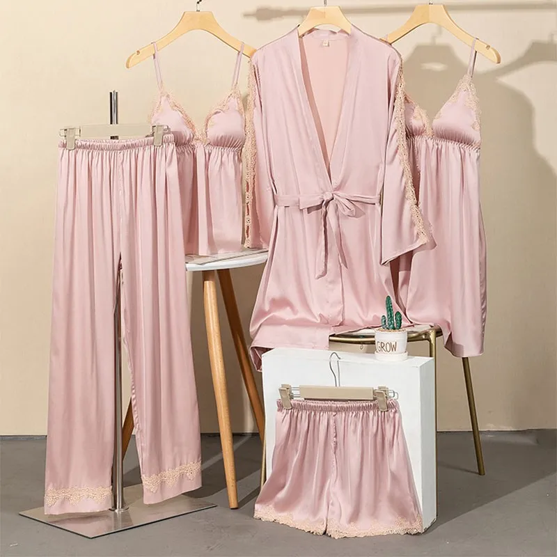 

2021 New Women Pajamas Set Sexy Hollow Out 5PCS Sleepwear Lace Trim Sleep Set Femme Pijamas Suit V-neck Nightgown Home Clothes