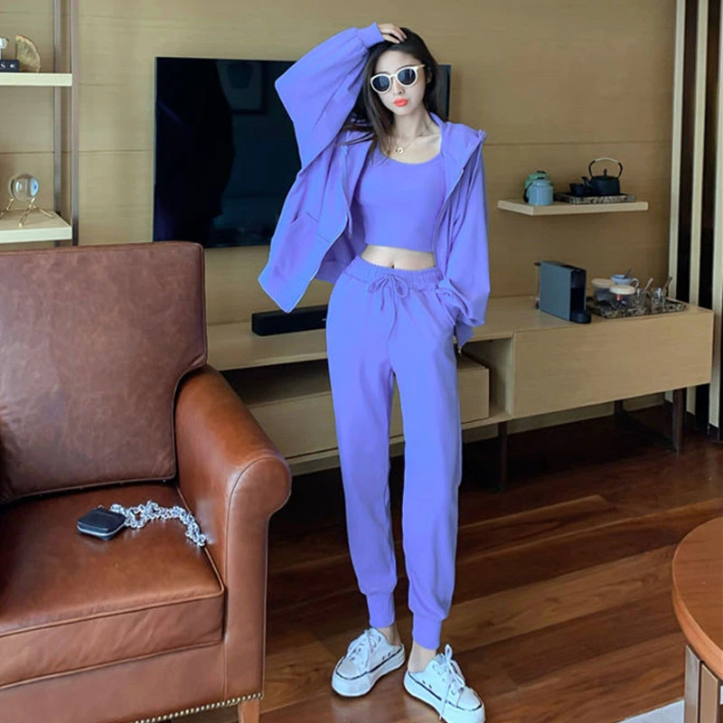 

2020 New 3 Pieces Set Solid Hooded-Collar Long Sleeve Top+Drawstring Elastic Waist Beam Feet Pants+Camis Fashion Sweatsuits