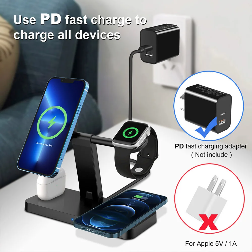 4 in 1 15w qi magnetic wireless charger stand for iphone 13 12 pro max fast charging dock for apple watch 7 6 5 4 3 airpods pro free global shipping