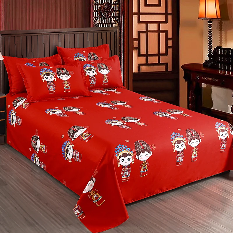 

Chinese Wedding Bedding Set Red 4pcs Flat Bed Sheet Duvet Cover Sets Pillowcase Ethnic Festive For Adult Quilt Covers King Size