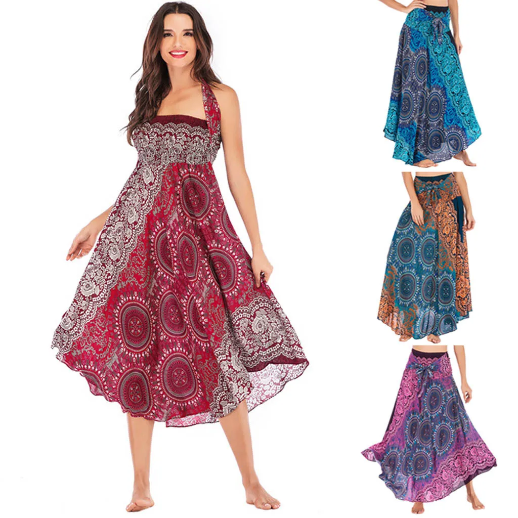 Женская длинная юбка в стиле хиппи богемном с цветочным принтом и эластичным