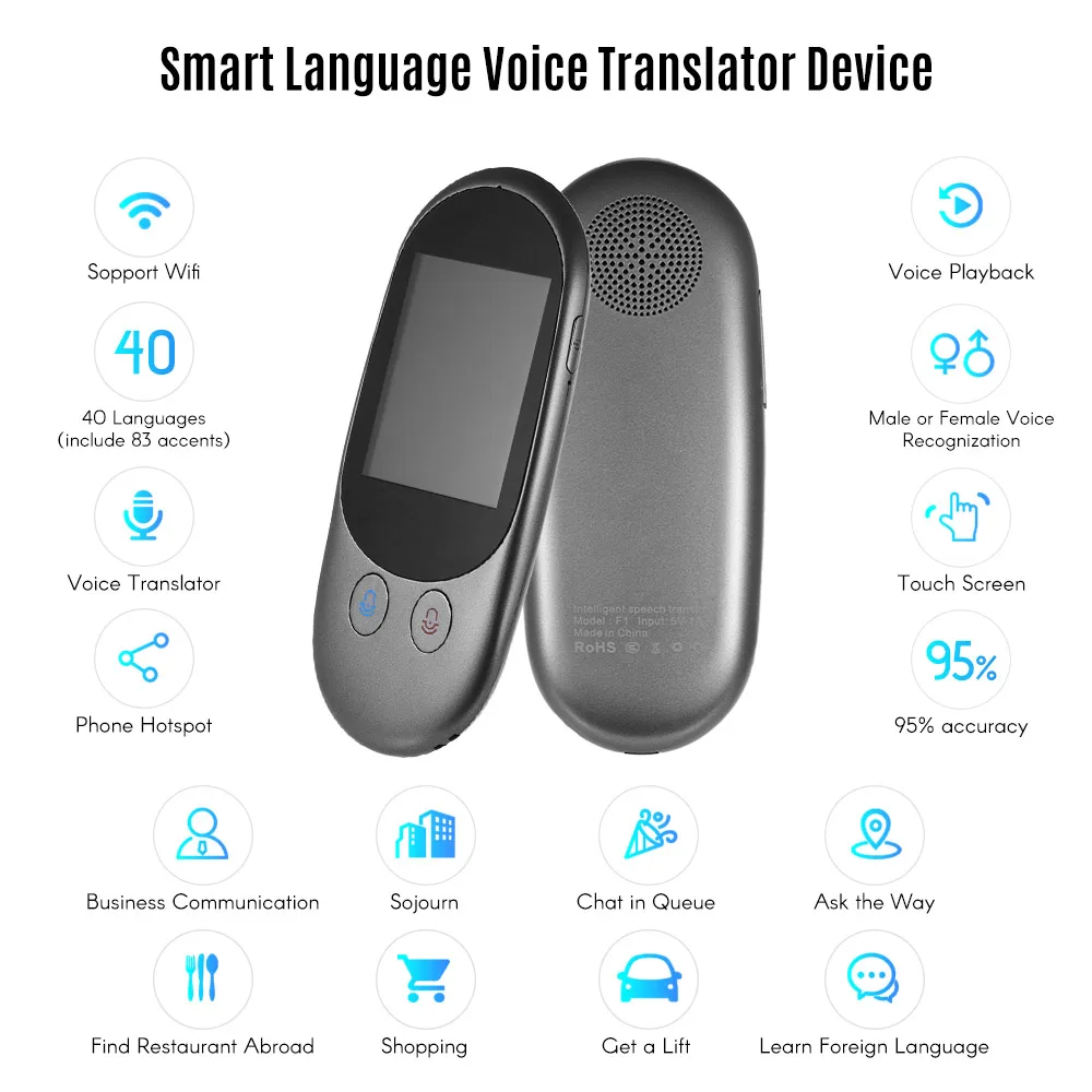 

Smart Language Voice Translator Device Translation 40 Languages 2.4 Inch TouchScreen Rechargeable Battery for Learning Traveling
