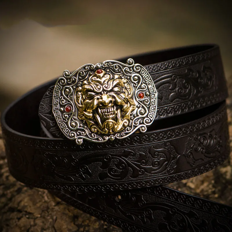 Genuine Leather Strap Male Belts For Men Women Cowhide Vintage Snow Lion Copper Buckle Belt Carving Vines