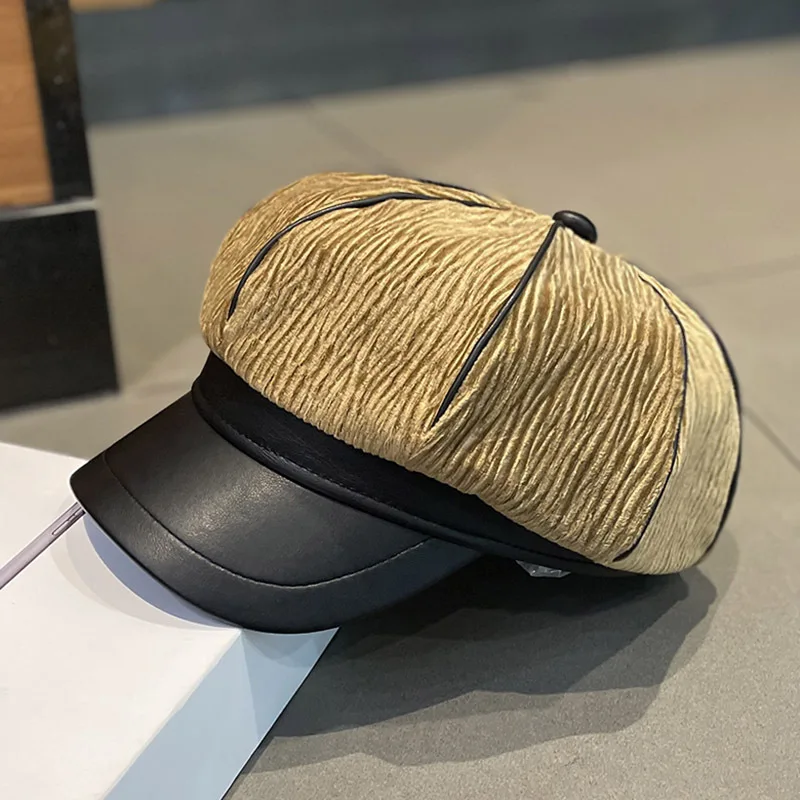 

2021 New Women's Hat Winter Corduroy Stitching Leather Brim Octagonal Hat Japan Trend Newsboy Hat Autumn British Artist Beret