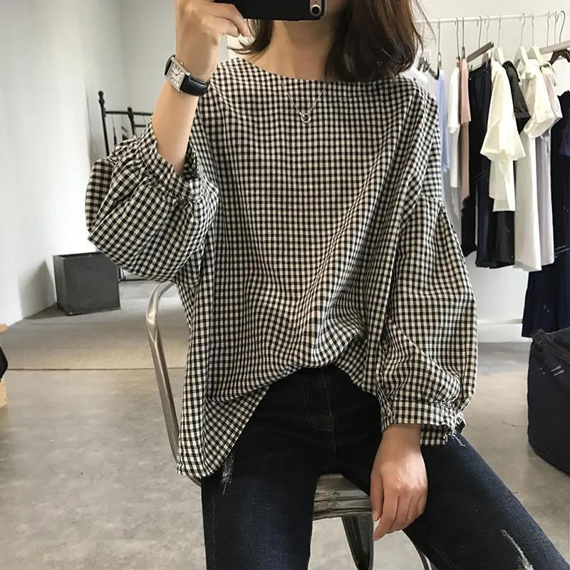 

2020 Spring New Korea Fashion Women Lantern Sleeve O-neck Loose Shirt All-matched Casual Cotton Linen Blouses Femme Tops M967