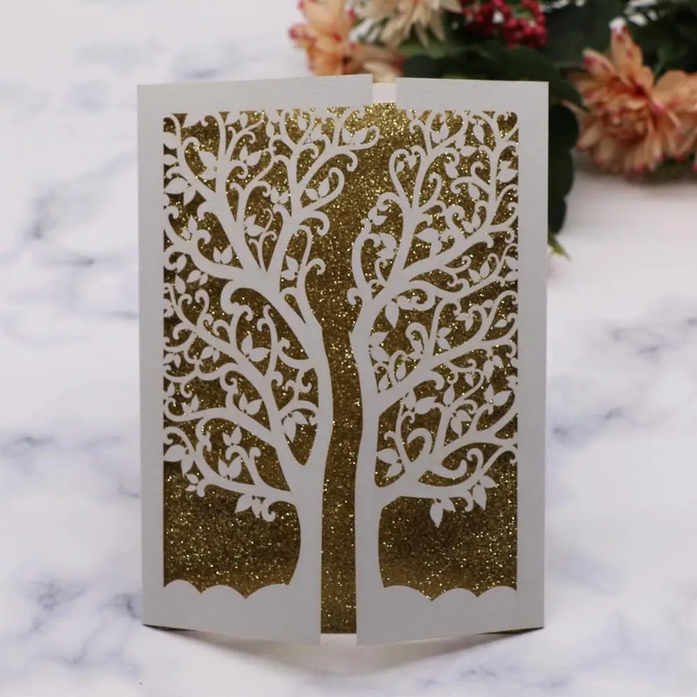 

30Pcs/Lot Laser Cut Pearl paper Chic Tree Wedding Invitations Card Birthday Party Greeting Card mermaid Invite Envelop Supplies
