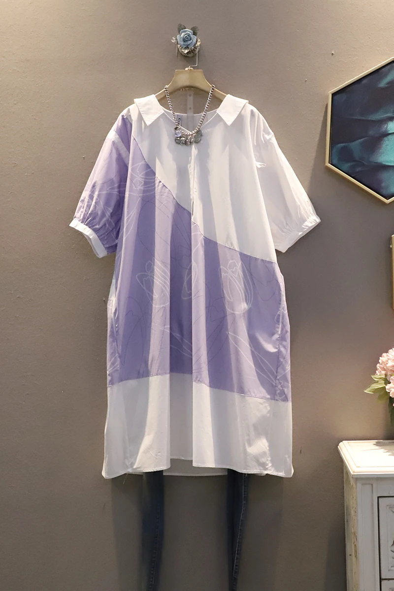 

IEQJ 2021 new summer big size fashion women clothes loose dress turn-down collat short sleeves printed cotton dress WS38501