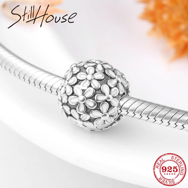 Новые 925 стерлингового серебра Очаровательные Белые эмалированные Цветы зажимы