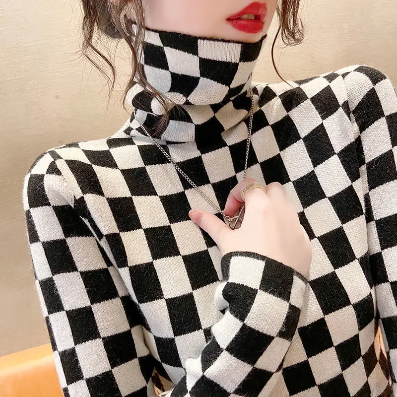 

Turtleneck bottoming shirt women's autumn and winter western style 2021 new hot style thick slim checkerboard sweater inner