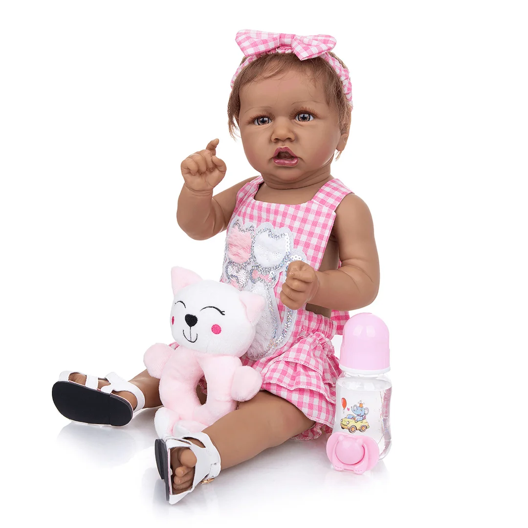 

22" Lifelike Reborn Baby Girl Doll Pink Plaid Dress Saskia