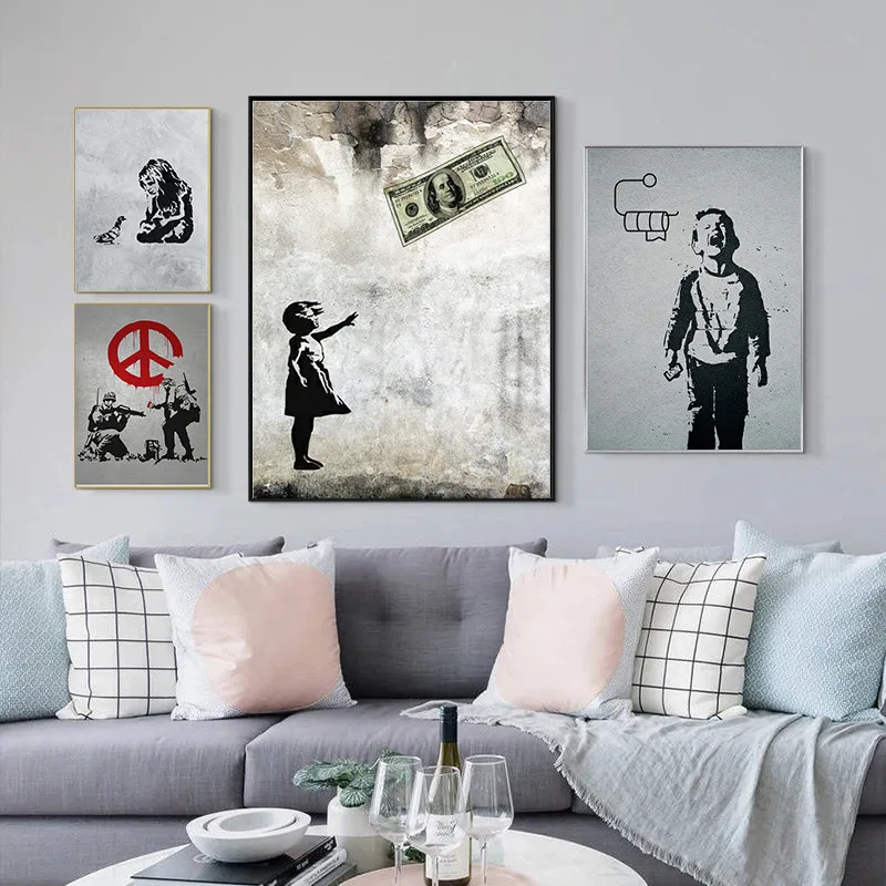 

Abstract Banksy Graffiti Art Canvas Painting Posters and Prints Smile Quote Little Girl Boy Money Wall Canvas Picture Home Decor