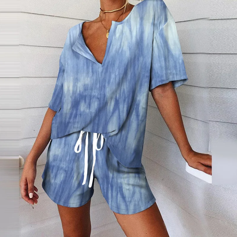 

European and American spring and autumn new women's elegant fashion short-sleeved loose printing casual two-piece suit