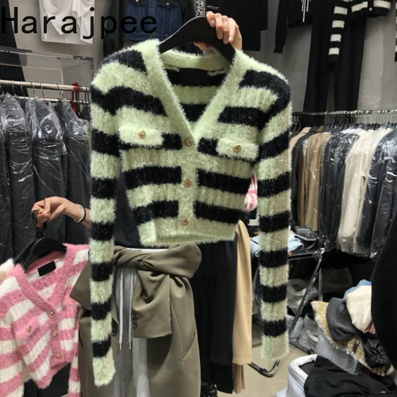 

Вязаный кардиган Harajpee контрастных цветов с V-образным вырезом, однобортный приталенный корейский свитер в полоску с длинным рукавом, новинк...