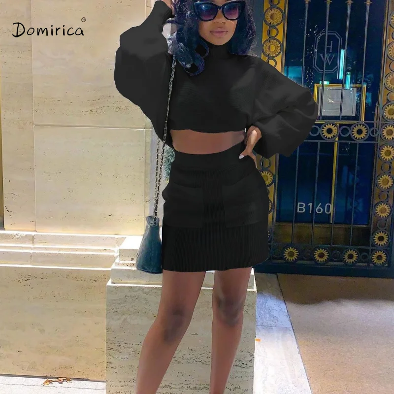 

Black Short Skirt 2-piece Sets Puff Sleeve Pocket High Waist Skirt Ribbed Anti-strip Crop Top + Mini Skirt Sweet Girl Skirt Sets