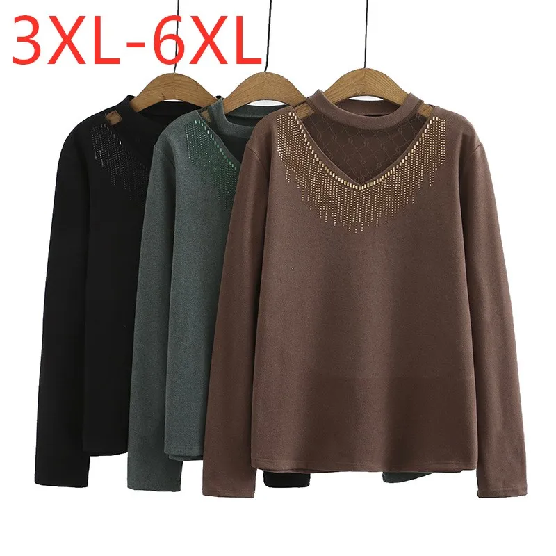 

New Ladies Autumn Winter Plus Size Basic Tops For Women Large Long Sleeve Elastic Slim Brown Thick T-shirt 3XL 4XL 5XL 6XL
