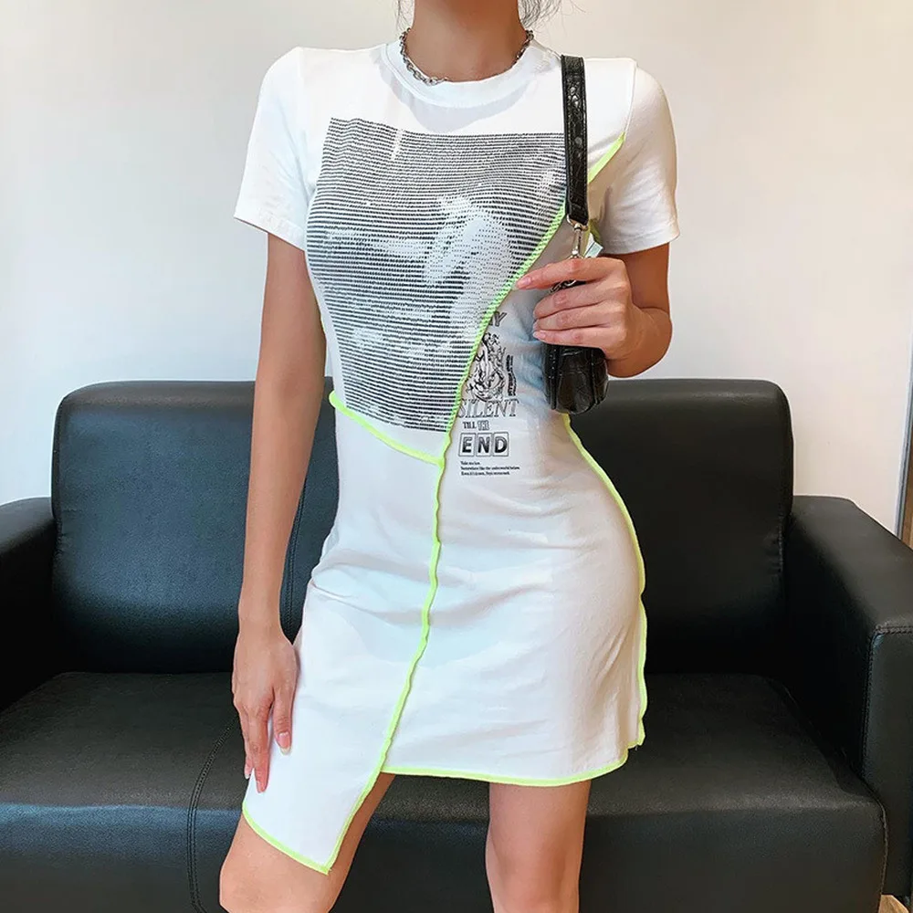 

2021 New Women Harajuku Gothic Letter Print Black Dress Streetwear Punk Irregular Patchwork Dress Chic O Neck Short Sleeve Dress