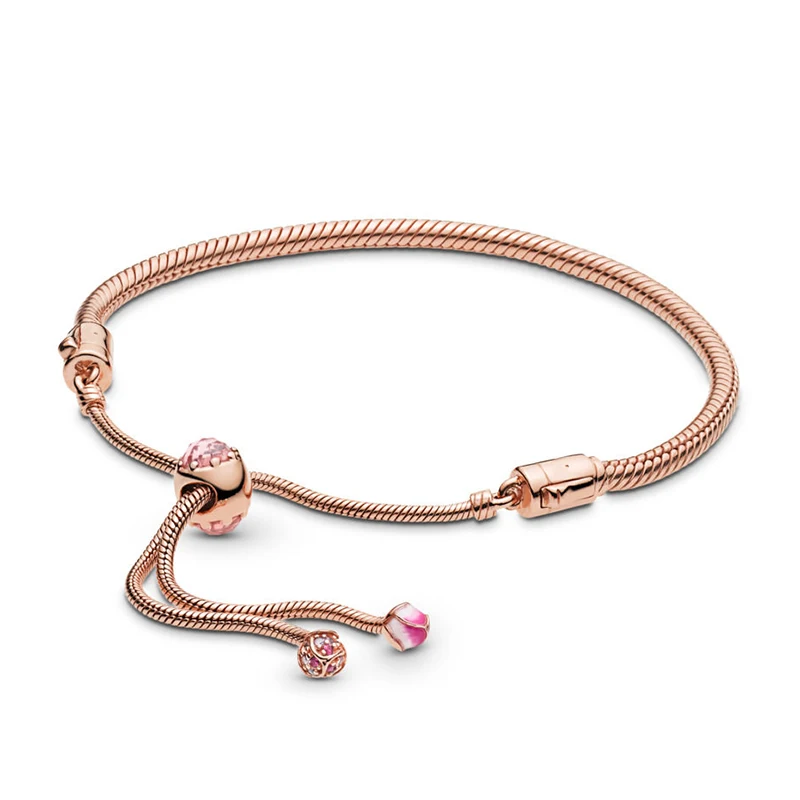 

2019 New 100% 925 Sterling Silver MOMENTS ROSE Peach Sliding Bracelet Fit Europe Women Fashion DIY Charm Bead Jewelry Gift