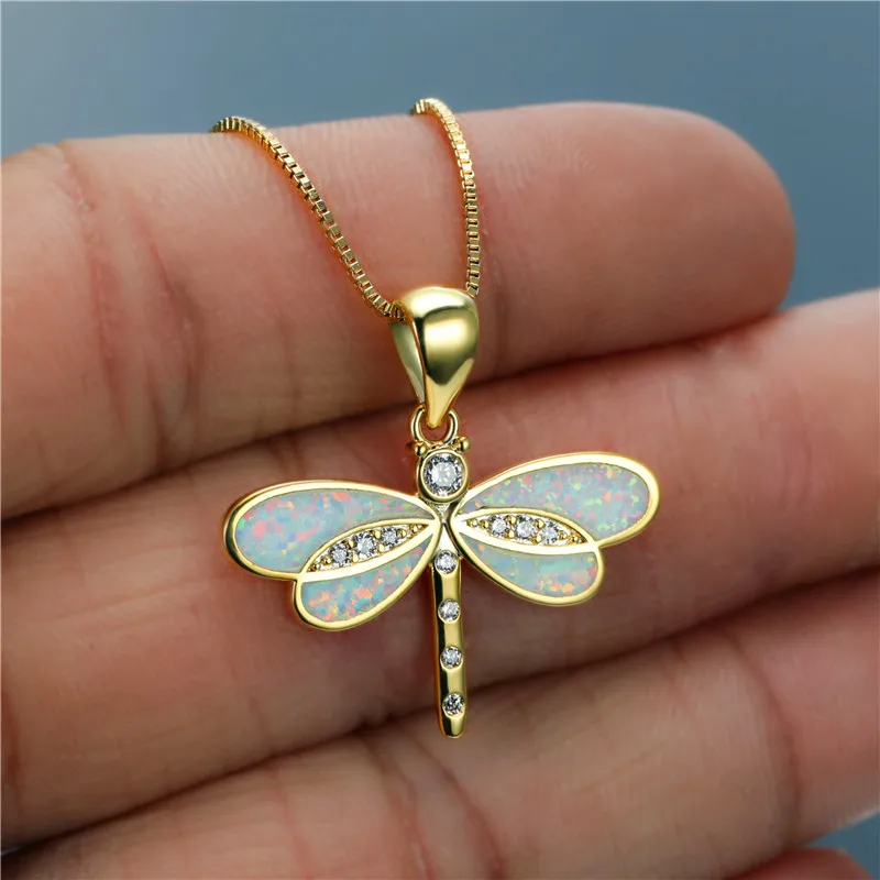 

Luxury Female White Opal Pendant Necklace Charm Crystal Animal Chain Necklaces For Women Cute Gold Dragonfly Wedding Necklace