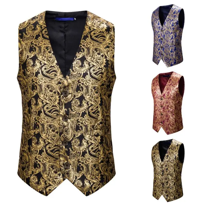 

Waistcoats & Vests Man Bronzed Cashew printed Suit Vests V collar Men's Blazers Party Black Red Blue New