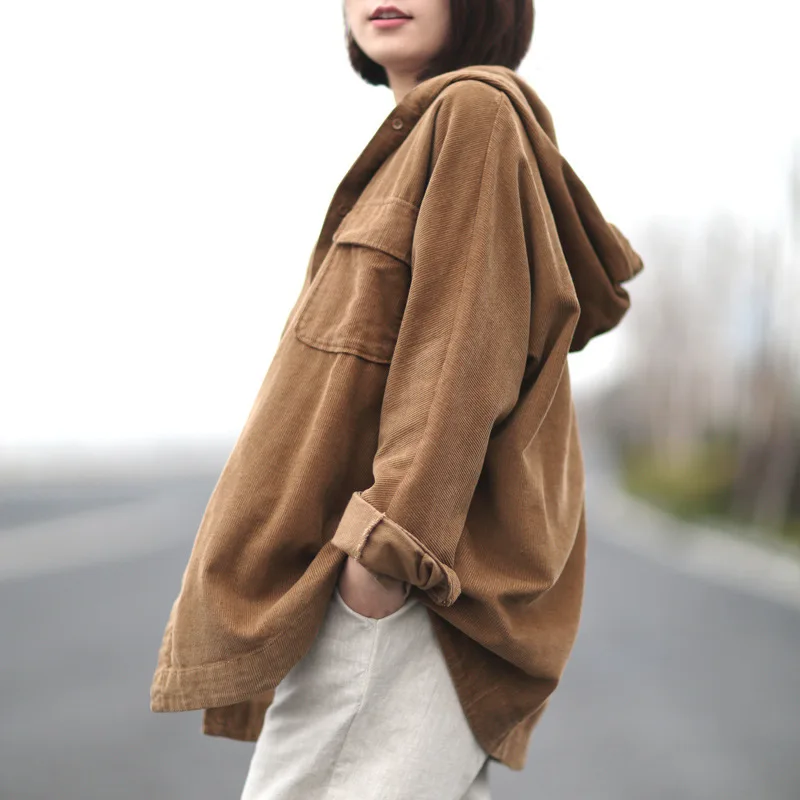 Женская Вельветовая куртка с капюшоном Повседневная Свободная короткая длинным