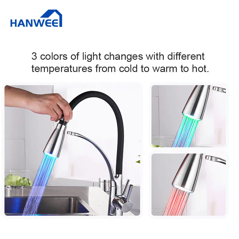 Смеситель для кухонной мойки СВЕТОДИОДНЫЙ ПОВОРОТНЫЙ черный хром крепление на