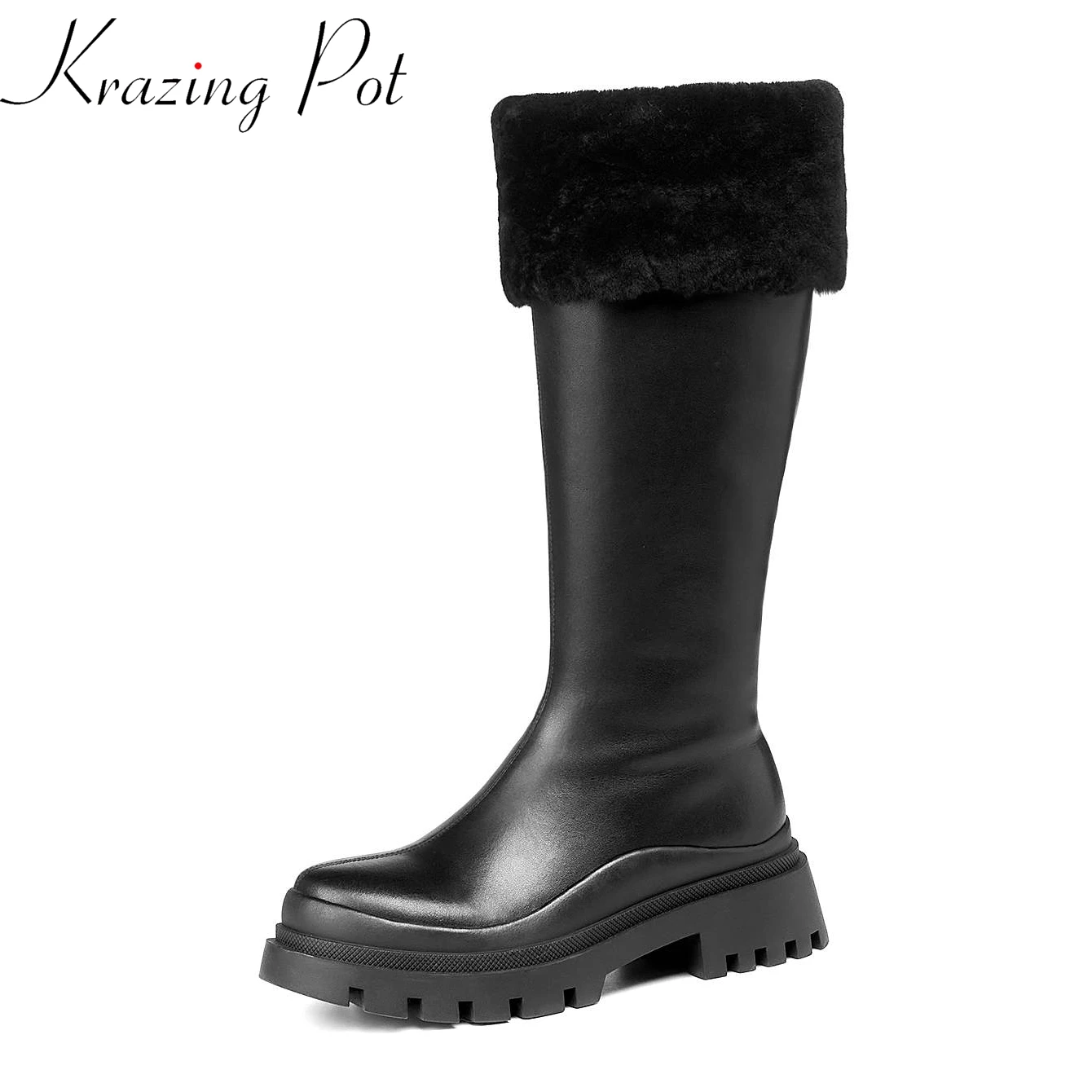 

Сапоги из коровьей спилковой кожи на платформе с круглым носком и овечьим мехом